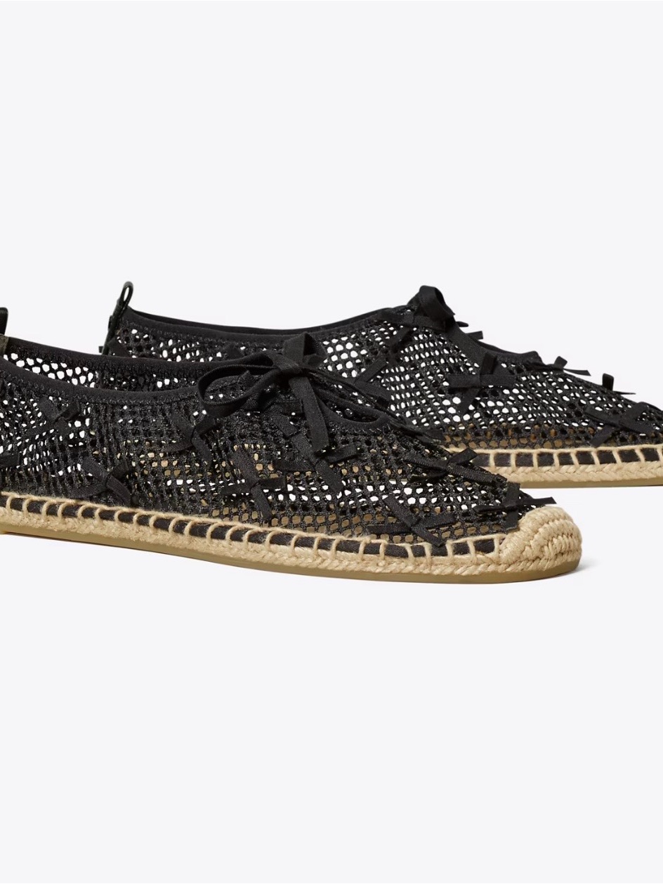 Tory Burch Black Crochet Espadrille Flats With Natural Jute Trim